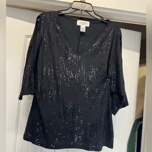 black sequin v-neck top with three-quarter sleeves- peek a boo sleeves